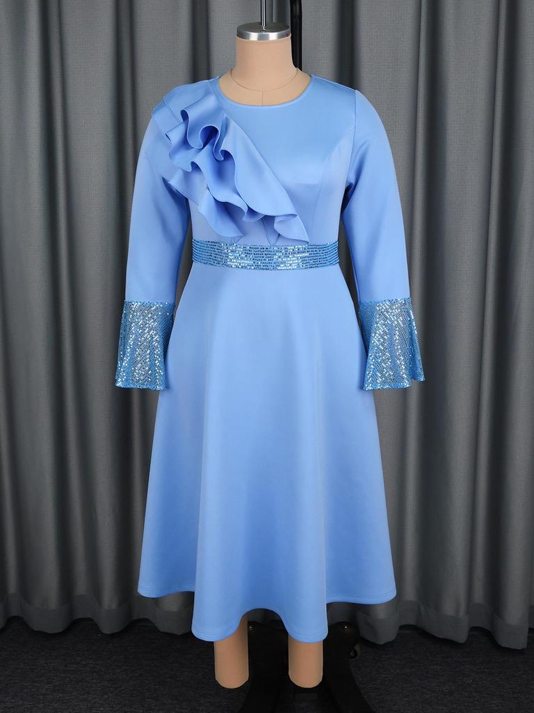 Plus Size Women's Light Blue Rhinestone Ruffle Sleeve A-Line Mid-Length Formal Dress