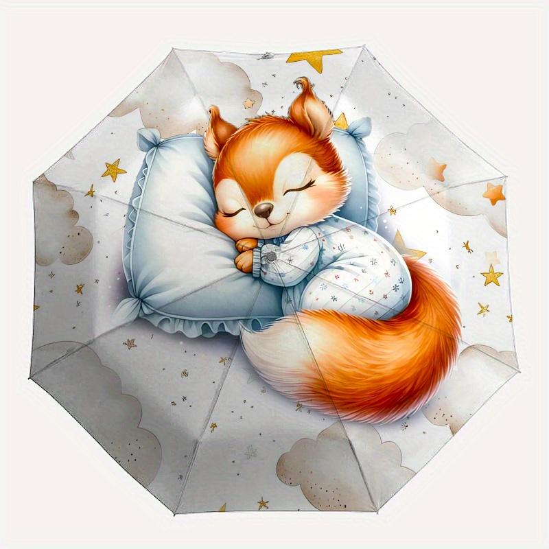 Sleepy Squirrel, Starry Night Automatic Folding Umbrella Simple Eight Rib Design, Bright Color Pattern, Durable Iron Frame, Ideal for Trave