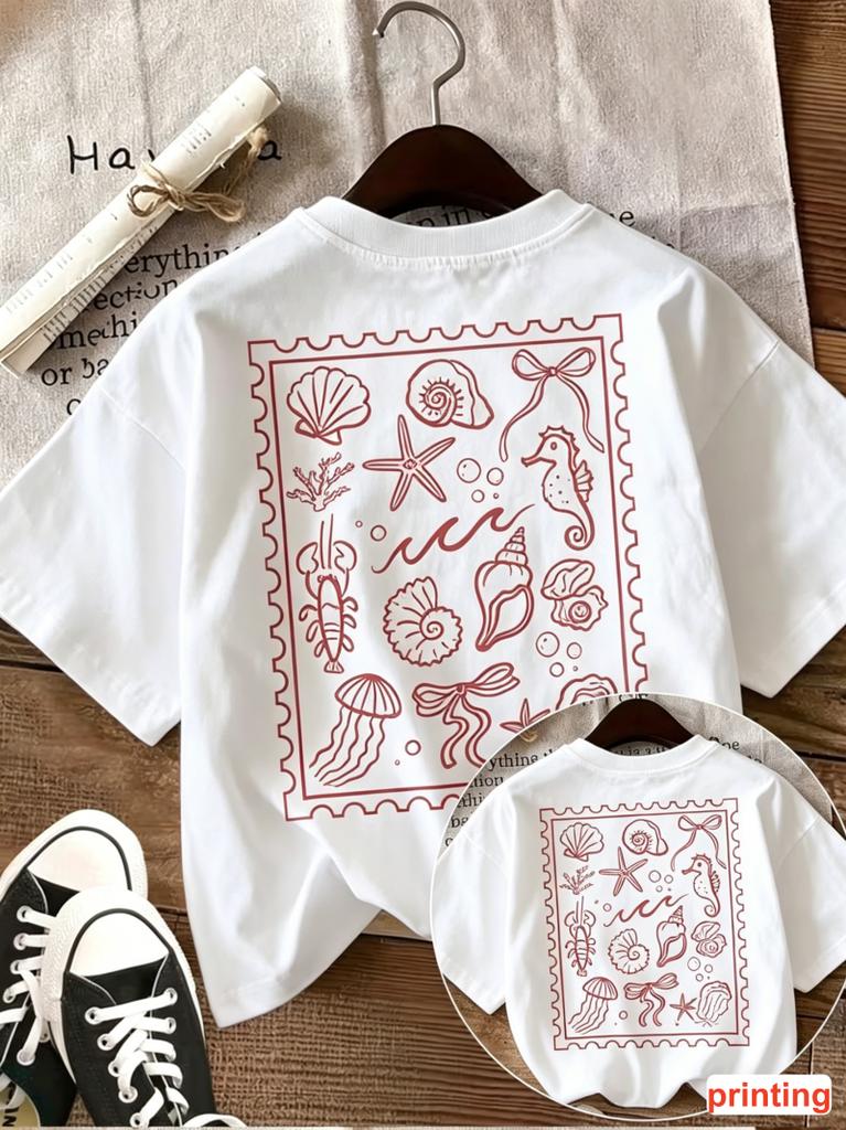 Ocean Shell Stamp Print Tshirt Crew Neck Short Sleeve Marine Life Graphic Tee Ideal For Summer Beach Casual Daily Street Outfit