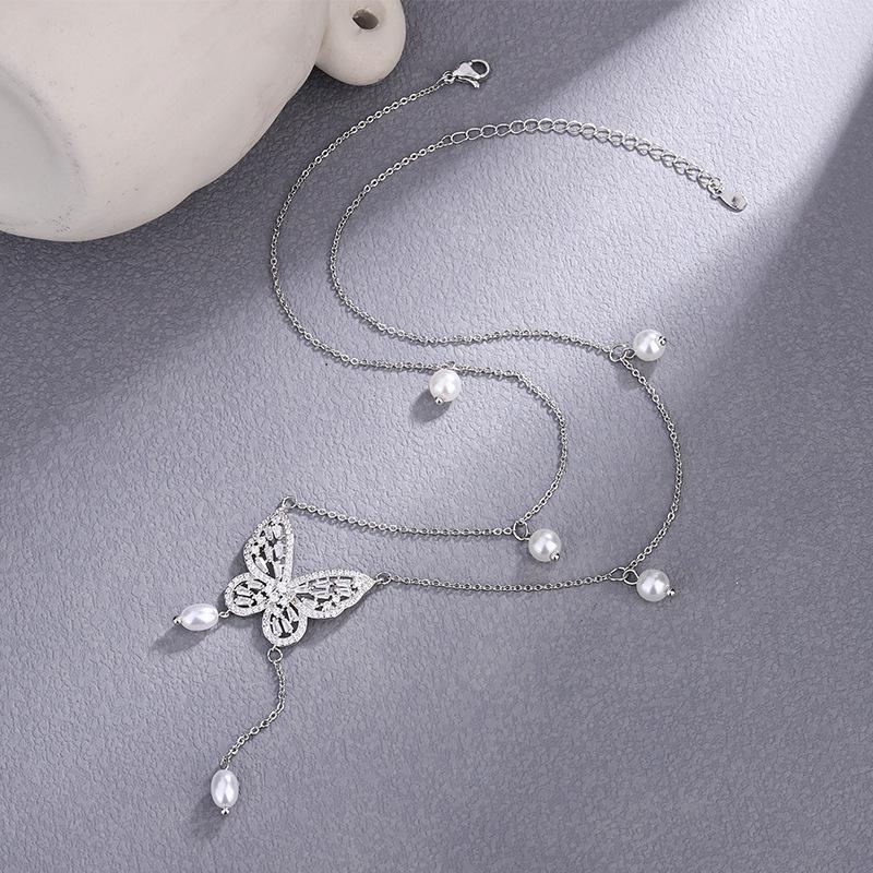 Elegant S925 Silver Butterfly Pearl Necklace with Tassel & Zircon Pendant for Women