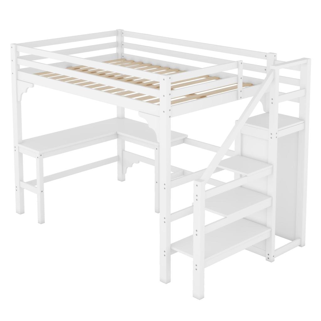 Bunk Bed 140x200 Cm, Children's Bed with L-shaped Desk, Open Wardrobe, Storage Ladder, and Side Rails, Made of Pine Wood Without Mattress