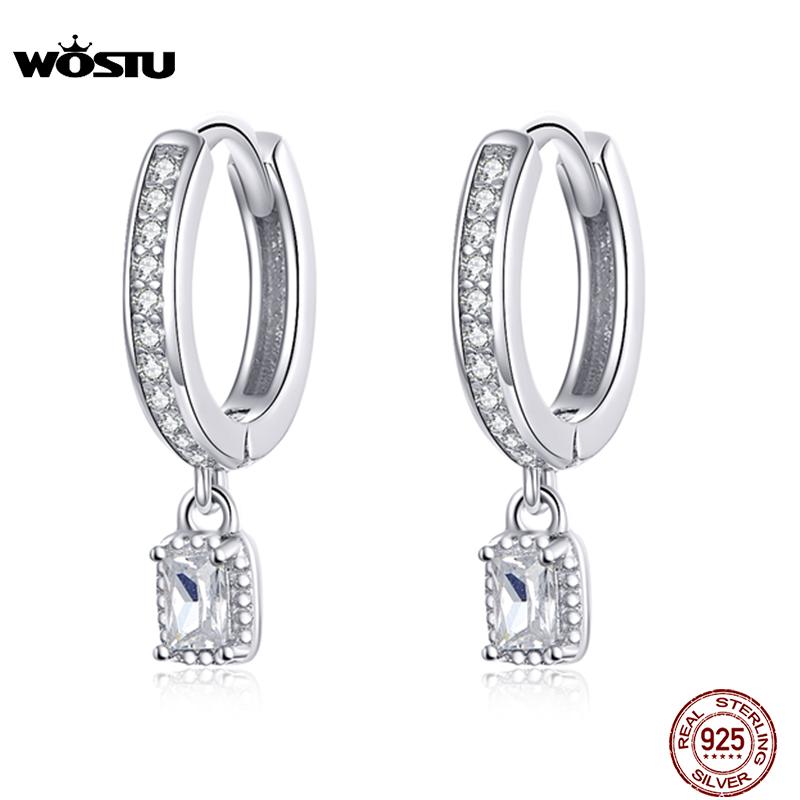 WOSTU Hot Sale 100% 925 Sterling Silver Circle Dangle Clear Zircon Earrings For Women Korean Style Wedding Fine Jewelry CTE157