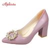 Fashion Aphixta New 7cm Square Heel Baby Pink Pearl Crystals Buckle Patent Leather Women Pumps Officile Pointed Toe Shoes Big Size 35-53