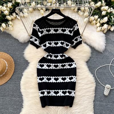 Summer Women Sweet Knitted Heart Slim Bodycon Girls Sheath Sweater Dresses