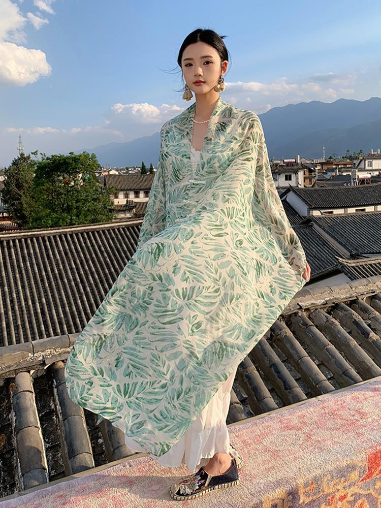 New Chinese Style Elegant Beach Women Silk Scarf Vacation Wrap Shawl Print Lady Sunscreen Bandana Long Hijab Scarve Pareo Mujer