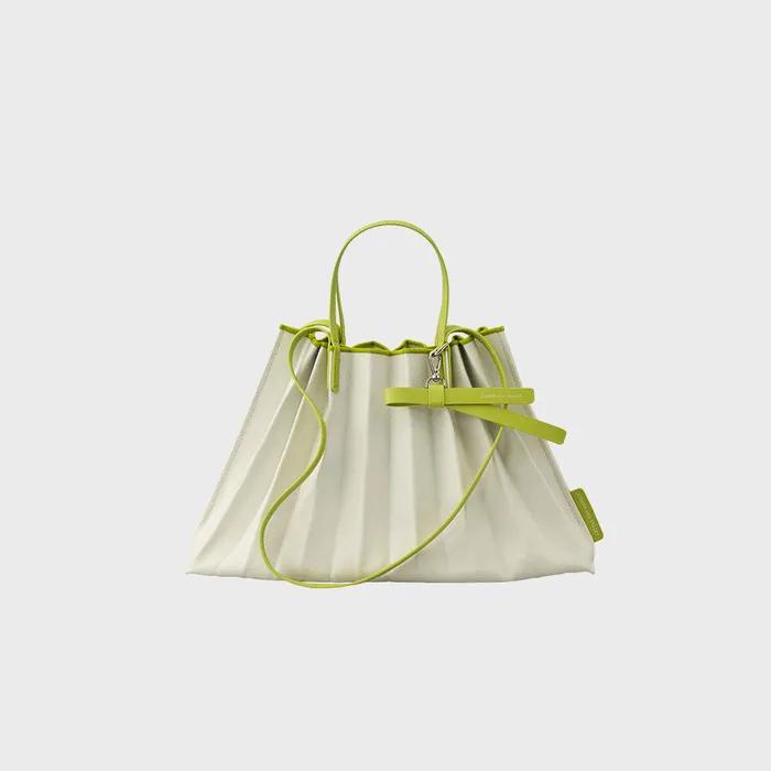 Lucky Pleats Canvas Coated Shopper L with Ribbon Lime