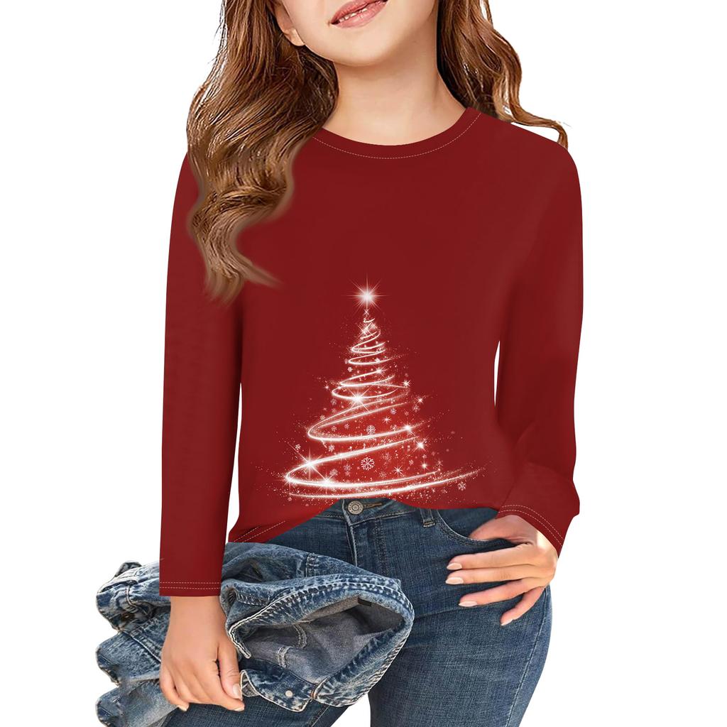 Christmas Day Girls Long Sleeve T Shirts Kids Fall Tops Crewneck Printed Basic Tees