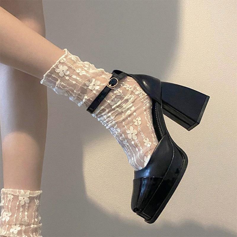 Summer Women Ultra Thin Floral Sexy Transparent Ice Glass Filament Long Tube Korean Lace Medium Tube  Socks Lolita Socks