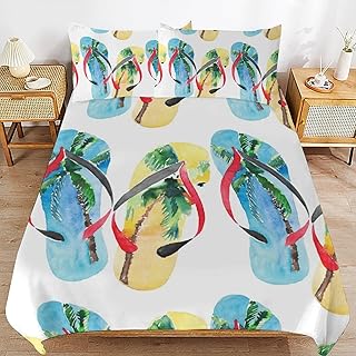 Flip Flops Soft Duvet Cover Quen Sized Dimensions Carton Beach Holiday Beding Set Children Kids Young Boys Young Girls Bedrom Decor Rainbow Flowers