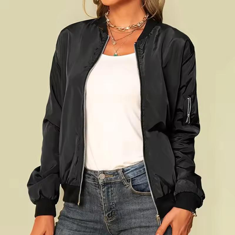 Spring Autumn Women's Solid Color O-neck Zipper Women's Jackets Vintage Long Sleeve Cool Girl Jacket Daily Black Casual Ladies Clothing