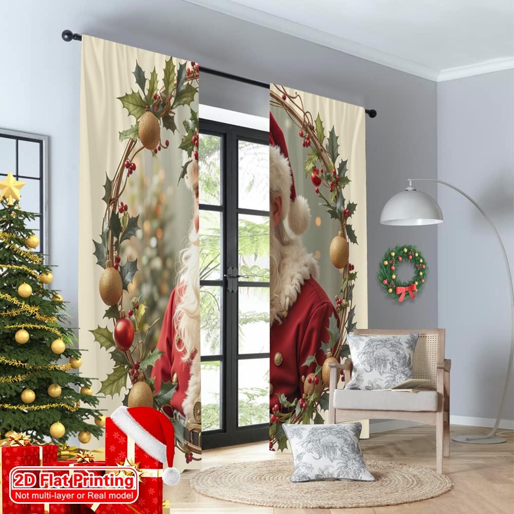 2 szt. płaskie drukowane 2D świąteczne zasłony okienne Święty Mikołaj Wieniec z ostrokrzewu Klasyczne 100% poliester Bez elektryczności 0 Doskonałe