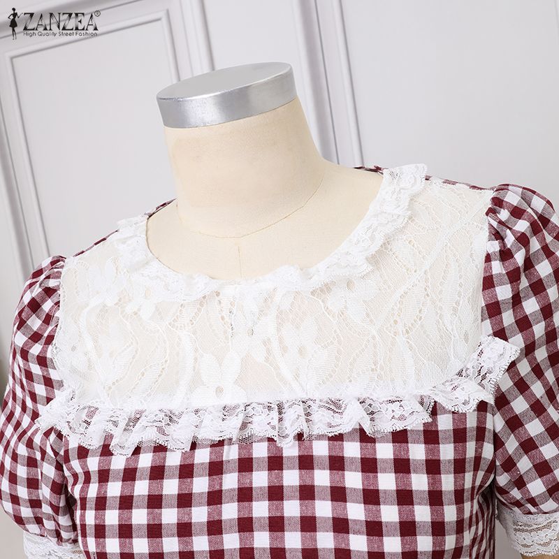 ZANZEA Abito Lungo da Donna Casual a Manica Corta con Scollo Tondo e Inserti in Pizzo con Stampa a Quadri