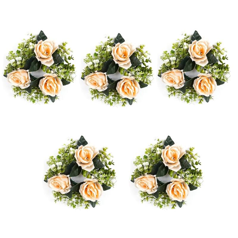 

5Pcs Small Candle Rings Artificial Flower Wreath Fake Roses Candleholders Wreaths Wedding Centerpieces for Table Parties