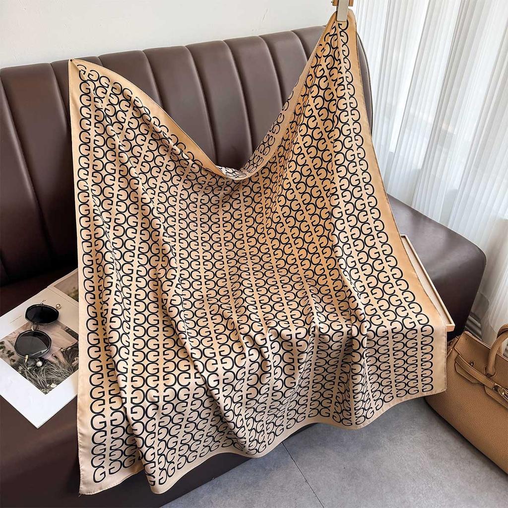French light luxury letter simple silk scarf 91cm twill scarf new versatile square scarf sunscreen shawl headscarf summer