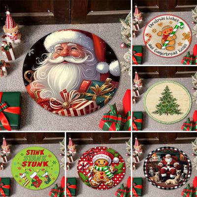 Weihnachtsfußmatte Rund Weihnachtsmann Xmas Bereichsteppich Rutschfest Saugfähig Lebkuchenmann Teppich für Festliche Heim Eingang Wohnzimmer Dekor