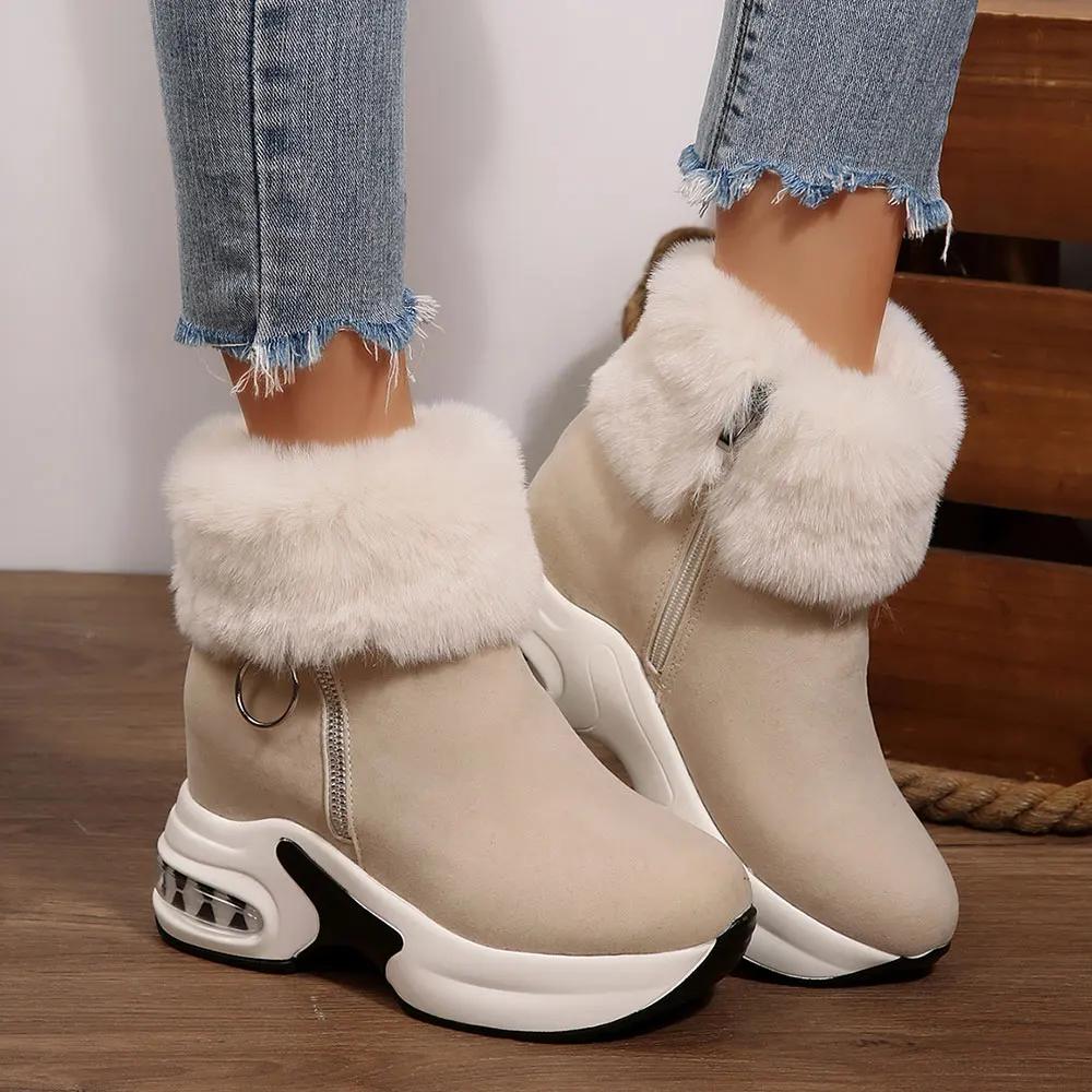2026New Womens Winter Boots Fashion Platform Wedges Boots Winter Fur Booties Suede Casual Ankle Boot Plush Warm Snow Boots Botas