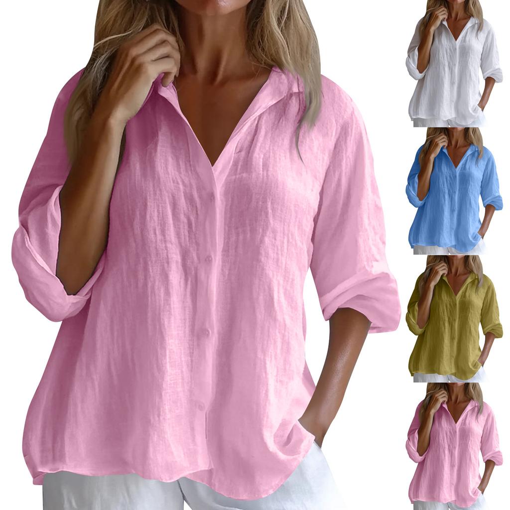 Ladies Fashion Solid Color Linen Long Sleeve Casual Shirt