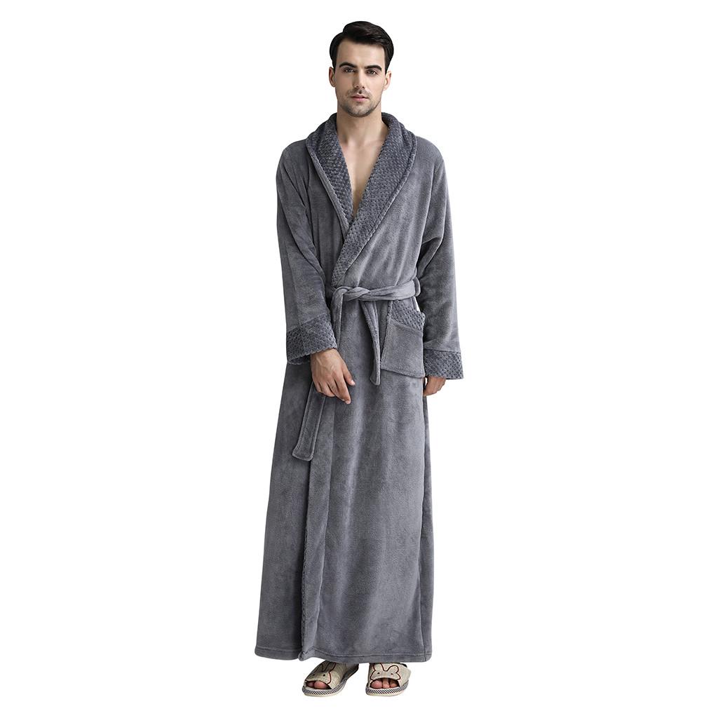 Mens Solid Thicken Velvet Robe Bathrobe Gown Pajamas Sleepwear Pocket Waistband