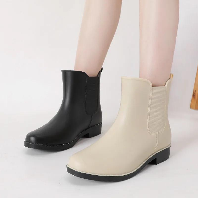 Booties Women Rain Boots Slip-on Waterproof Non-slip Rubber Shoes Adult Water Shoes 2024 New Fashion Chelsea Rainboots Woman