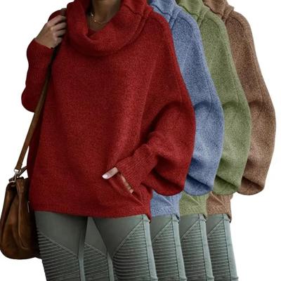 Dámský jednobarevný pletený svetr s vysokým výstřihem Módní pulovr Lucerna Volný Neformální svetr s dlouhým rukávem