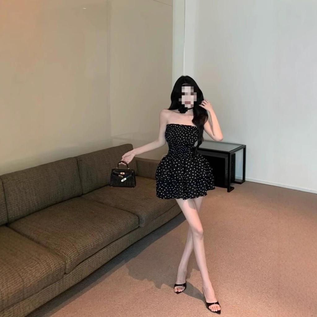 Women's Strapless Polka Dot Non-Slip Puffy Dress - Little Black Summer Dress with Waist-Cinching Design