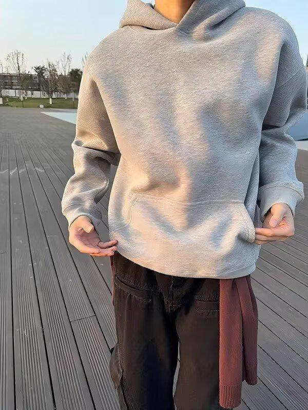 Men's Light Gray Heavyweight Hoodie - Casual Loose Fit, Trendy American Style, Autumn/Winter.