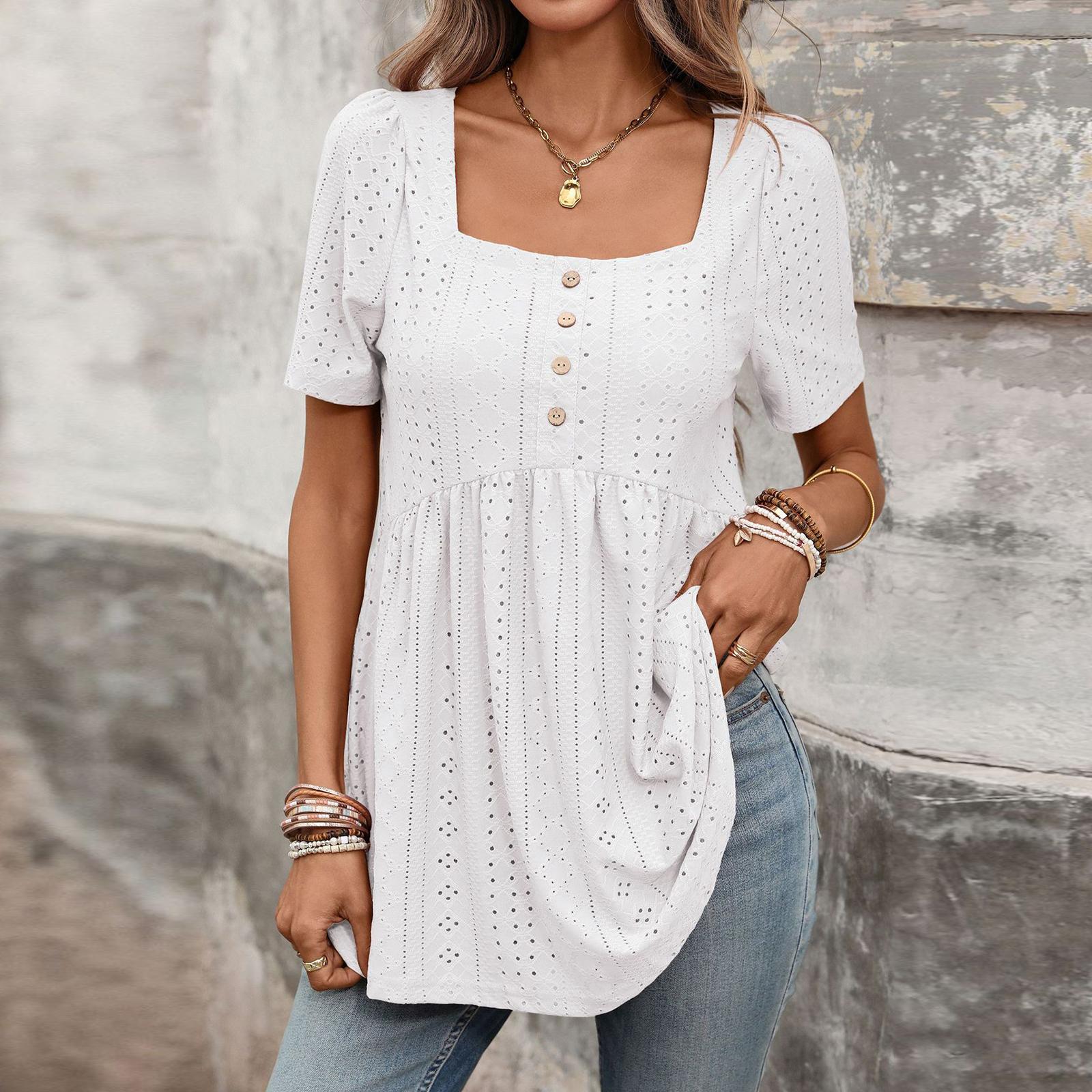 

Women s Square Collar Single-breasted Casual Short-sleeved Skirt Top L белый