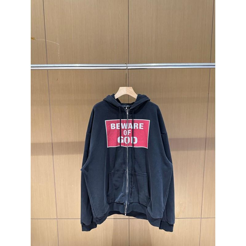Mens Oversized Hooded Zip-Up Sweatshirt Streetwear BEWARE OF GOD Graphic Pullover Fall Casual Top