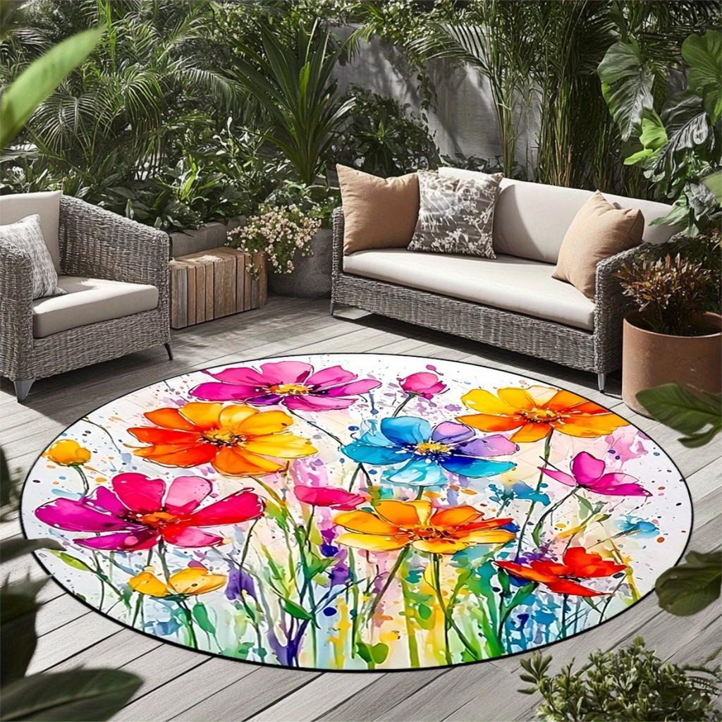 Lebendige Aquarellblumen Runder Teppich Außenbereich Terrasse Veranda Dekor Flanell-Stil Wetterfest Rutschfest Gartenbodenmatte Sommer-Vibes