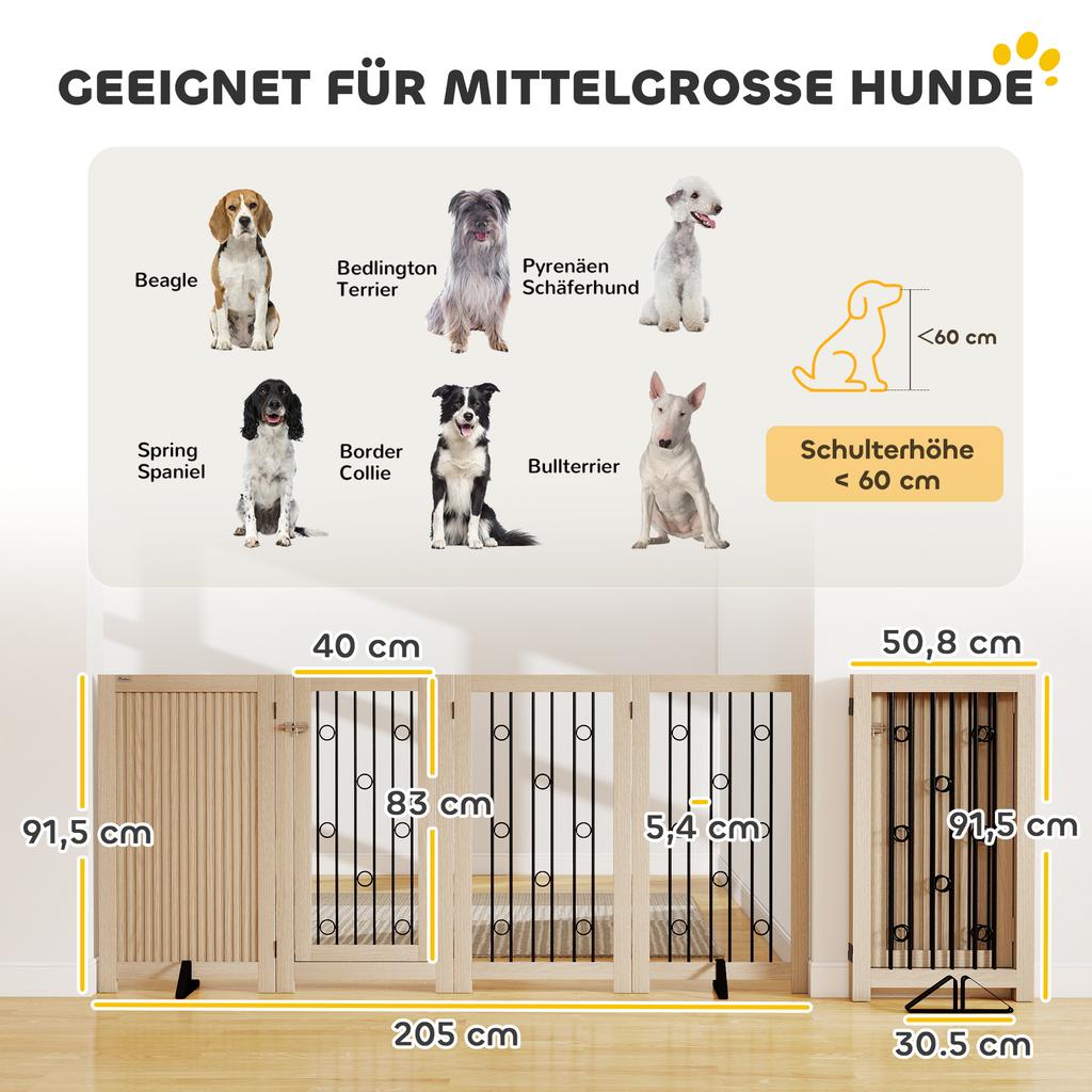 4 Panel Freestanding Pet Gate, Indoor Dog Barrier with Lockable Door, Support Feet, 360 Degrees Flexible Hinges, Oak