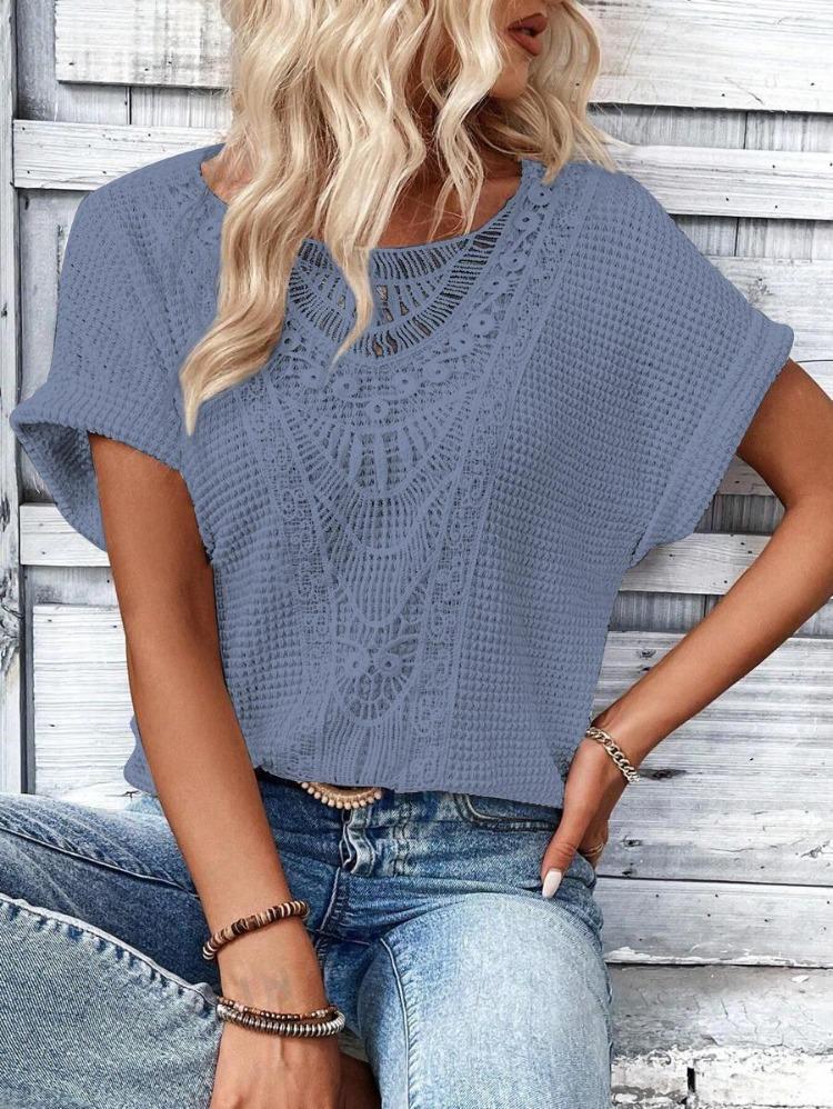 Wiosna Lato Damska Moda T-Shirt Europejski Amerykański Modny Kolekcja Krótki Rękaw Koronkowe Szycie