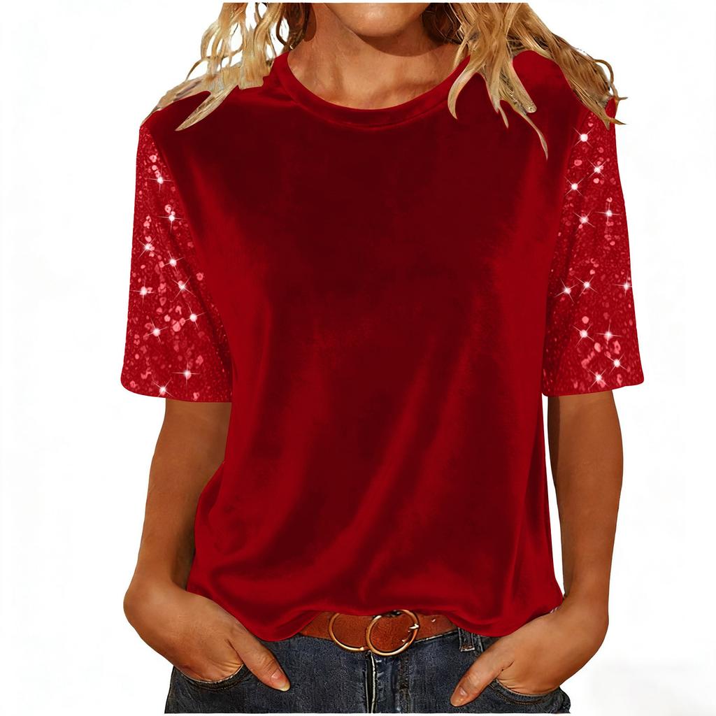 Women's Fashion Casual Round Neck Short Sleeve Patchwork Sequined Top