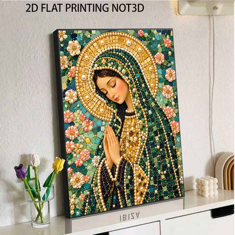DIY Framed Pearl Bead Art Kit Religious Virgin Mary Floral Mosaic Sparkling Canvas Painting for Wall Decor Gift