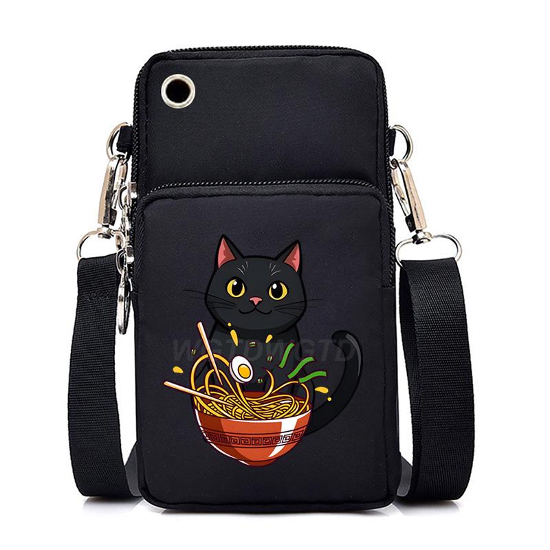 Eating Noodles Kitten Printed Messenger Bag Vertical Change Bag Multi-Function Mobile Phone Bag