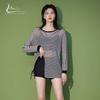Women's Summer Three-Piece Long Sleeve Swimsuit Set: Striped One-Piece with Chest Pads & Cover-up