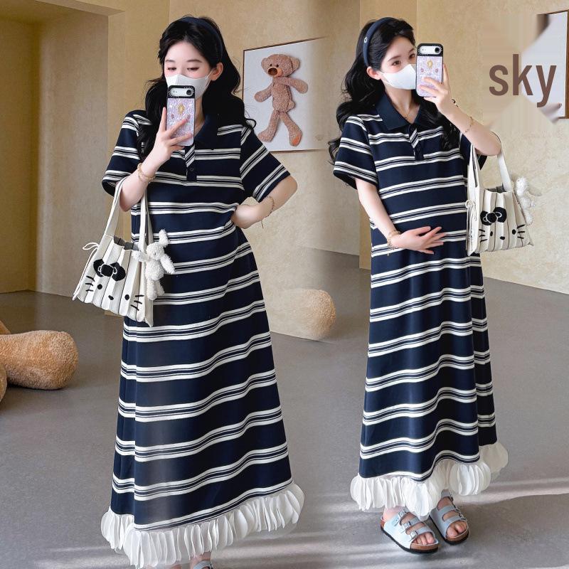 2026 Summer Floral Pique Collar Plus Size Maternity Dress XL