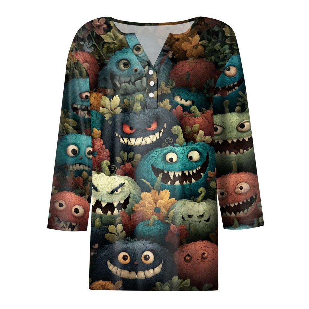 Women's T Shirt Tee Halloween Printed Button 3/4 Sleeve Tunic Daily Weekend Fashion Basic V- Neck Regular Top