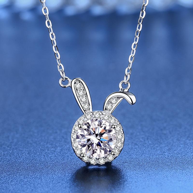 6.5mm Summer 925 Sterling Silver Moissanite Necklace For Women Cute Rabbit Pendant D VVS1 Fine Jewelry