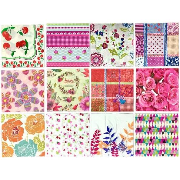 Paper napkins, 12 types, 1 sheet each, 12 sheets total, paper napkins, decoupage, flowers, roses, cherries.