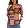 Women's Casual Fashion Retro Floral Print Long Sleeve Zipper Neck Top T-shirt