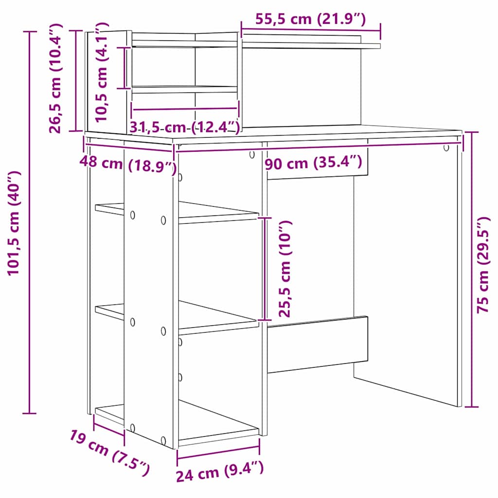 Desk with Shelf Rustic Wood Look 90 x 48 x 101.5 cm Particleboard