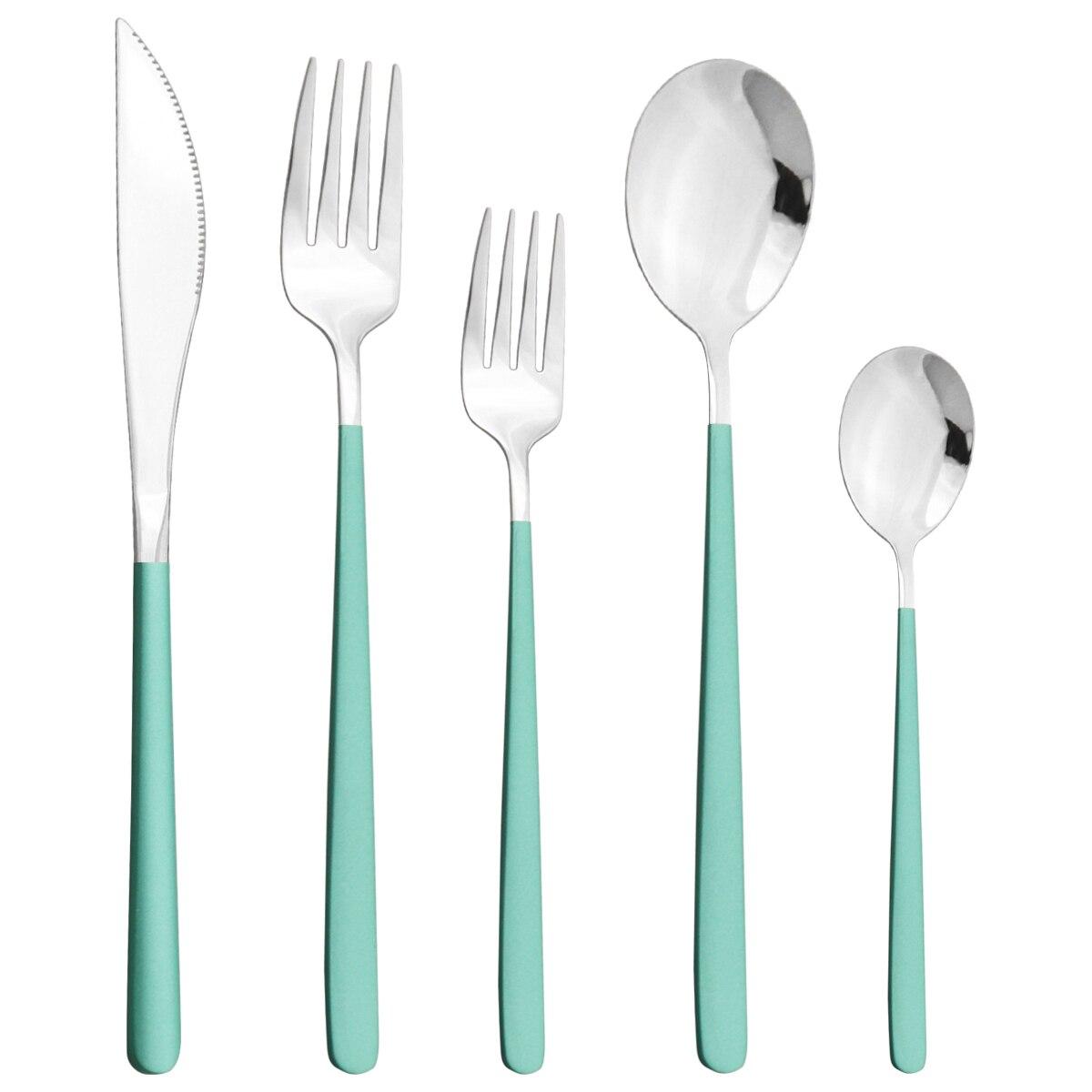 

5 шт., фиолетовый набор столовой посуды, набор столовых приборов из нержавеющей стали 18/10, нож, десертная вилка, ложка, набор столового серебра, набор посуды для кухонной вечеринки серебряный/зелёный
