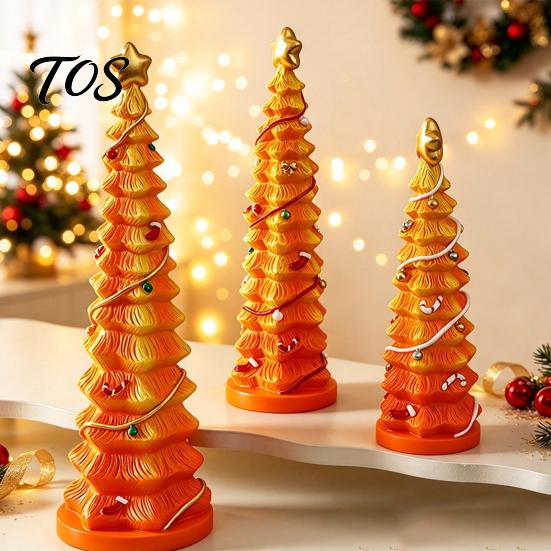 Holiday Window Sill Decoration Resin Christmas Tree Figurine, Gradient Green Orange Tabletop Decor with Star Colorful Statue Topper, Hand-Painted