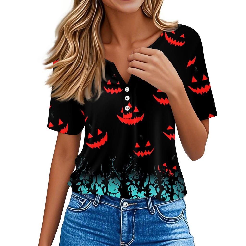 Women's T Shirt Tee Halloween Printed Button Short Sleeve Tunic Daily Weekend Fashion Basic V- Neck Regular Top