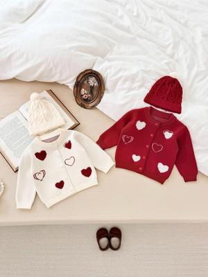 Cardigan de Malha Jacquard com Coração Estilo Coreano para Menina – Macio e Versátil para Outono/Inverno