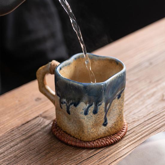 Handmade Ceramic Mug 320ml Vintage Tea Coffee Cup with Rattan Handle Creative Spiral Design Gradient Glaze Drinkware Home Decor Gifts