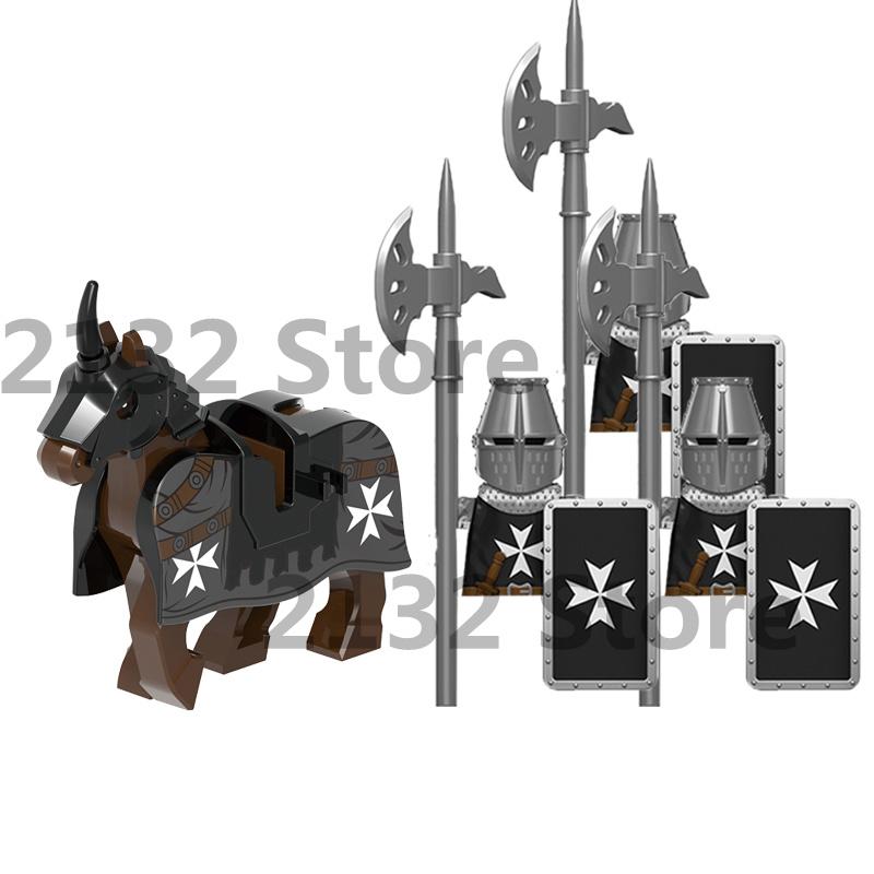 Medieval Castle MOC Building Blocks Wolf Warriors Soldier Figure Crusader Knights Horse Flag Vests Shield Weapon Toys Gifts T022