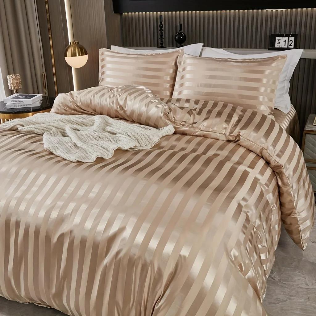 3 pieces of simple and classic satin striped duvet cover set, suitable for bedrooms, dormitories and hotels, holiday gifts