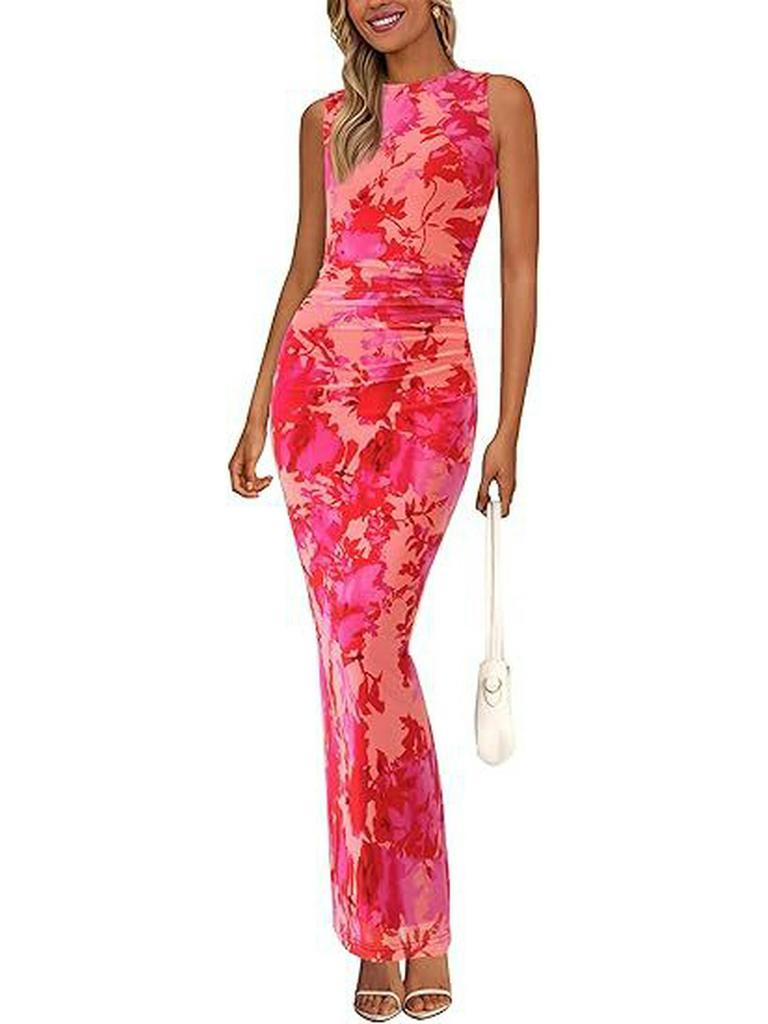 2024 Women's Floral Ruched Mesh Bodycon Dress - Sleeveless, Round Neck