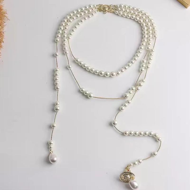 Асимметричное трехслойное жемчужное ожерелье-цепочка для свитера Женское во французском стиле многослойное высококлассное ожерелье на ключицу золотой